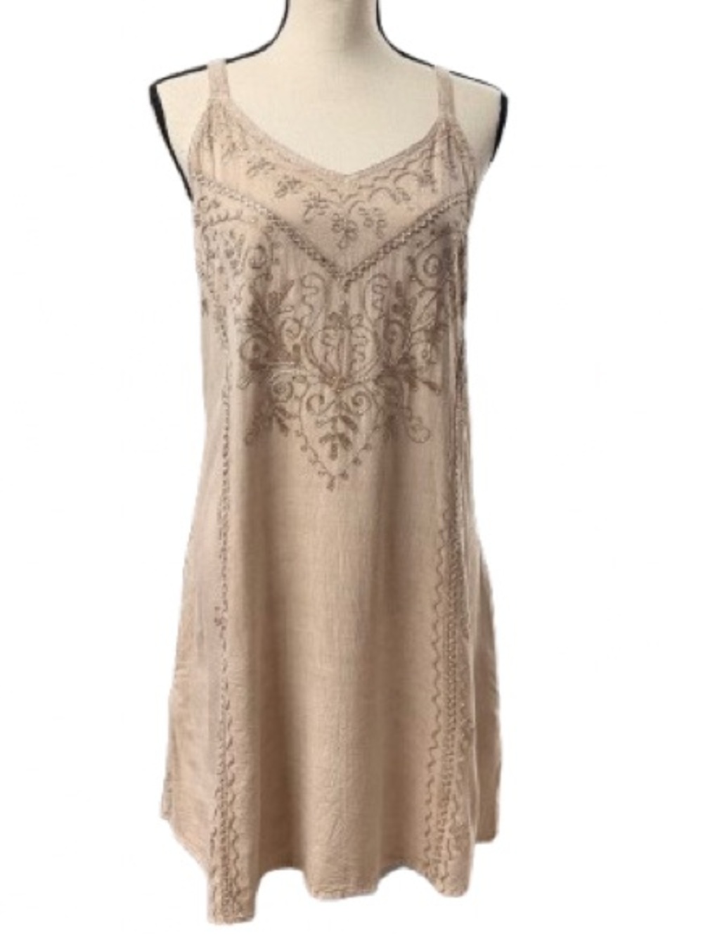 Jackpot Rayon Boho Embroidered Mini Dress Tunic Beige Adjustable Straps